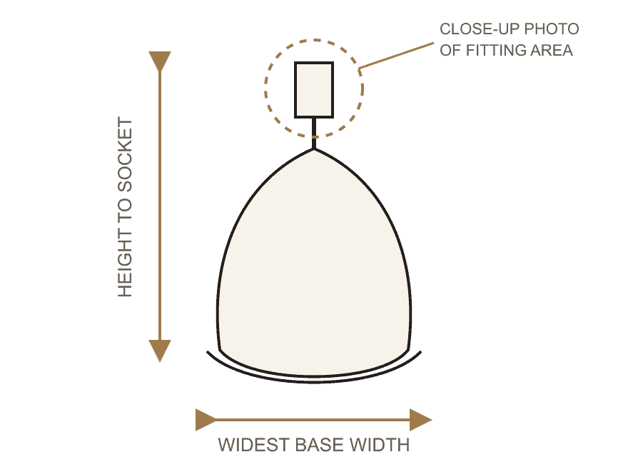 Diagram showing height to socket, widest base width, and fitting detail of a lamp